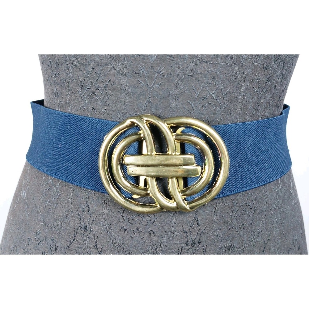 Vtg 80s Stretch Belt Gold Geometric Buckle Cinch Waist Navy 2"x26" Flat *READ